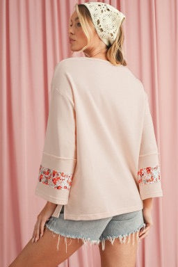 Beige Flower Exposed Seam Patchwork Loose Top