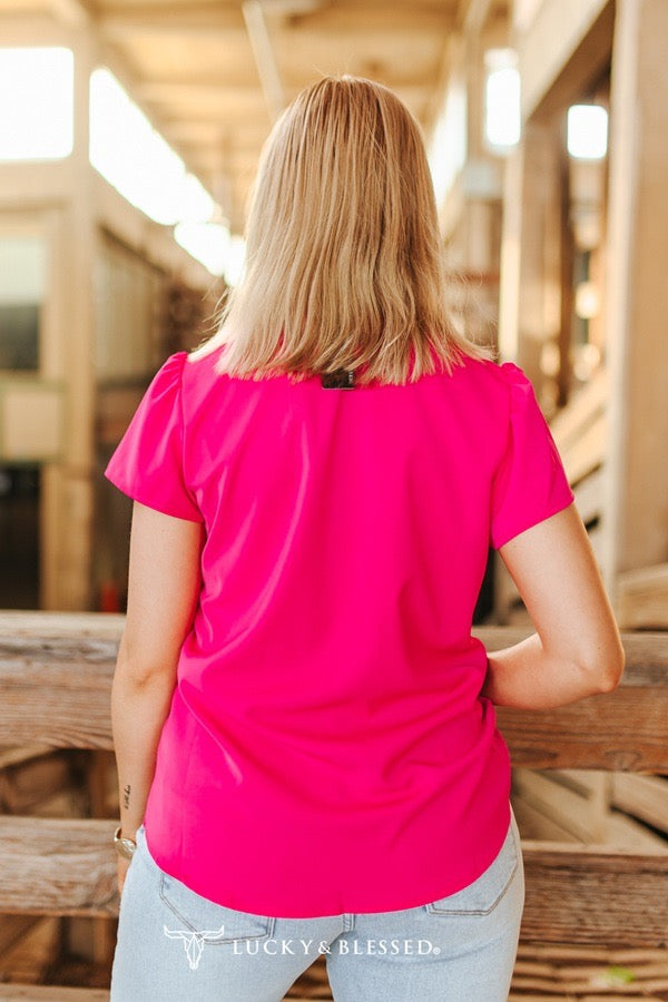 Fuchsia Button Down Ruffle Sleeve Blouse
