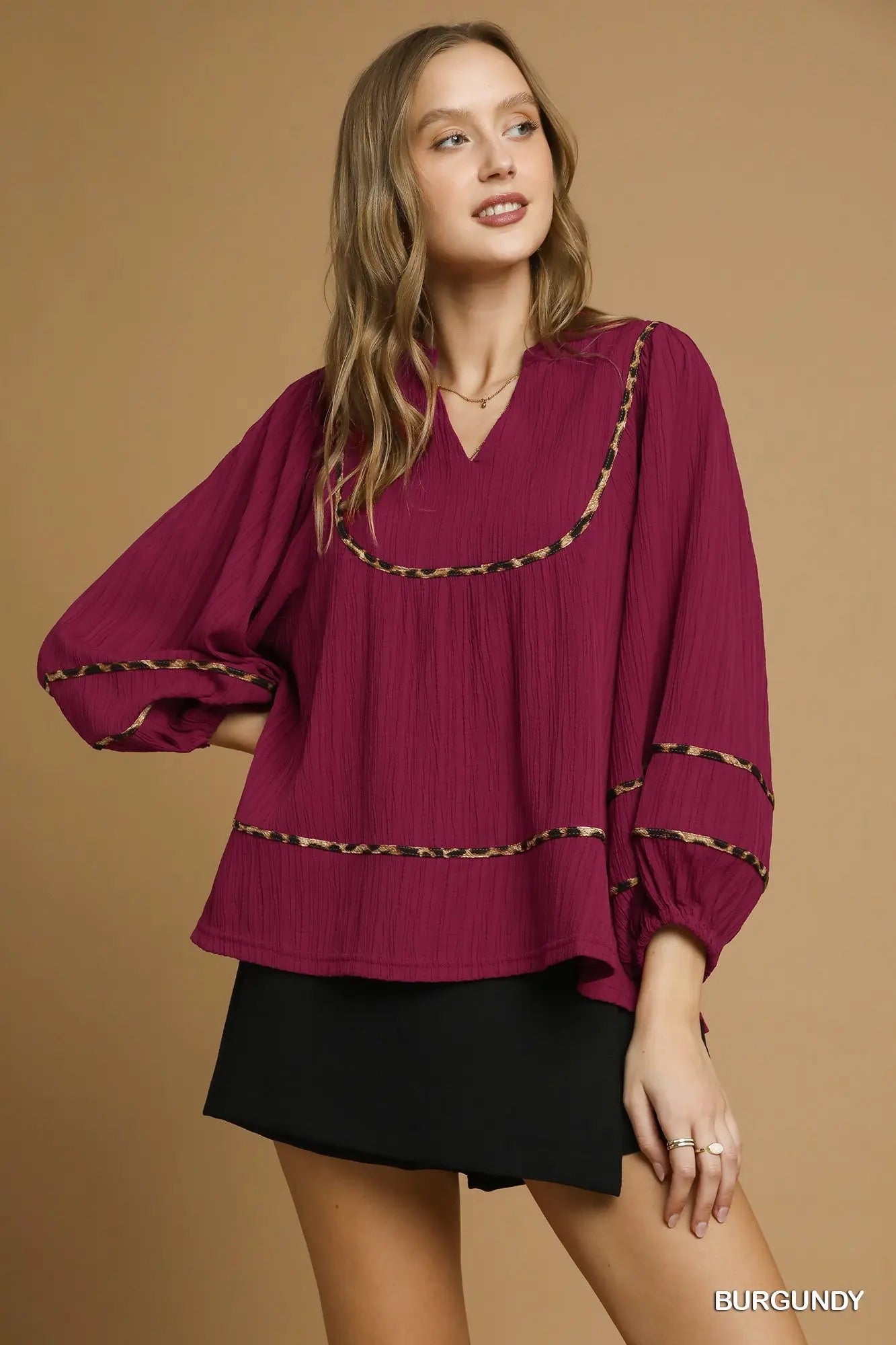 UMGEE Texture Fabric Blouse with Animal Print