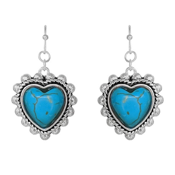 TAILORED FILIGREE W/GLASS STONE HEART EARRINGS -SILVER / TURQUOISE