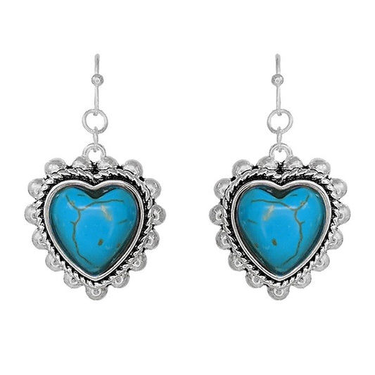 TAILORED FILIGREE W/GLASS STONE HEART EARRINGS -SILVER / TURQUOISE