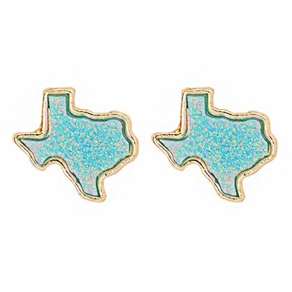 TEXAS MAP SHAPE DRUZY POST EARRINGS - GOLD / TURQUOISE