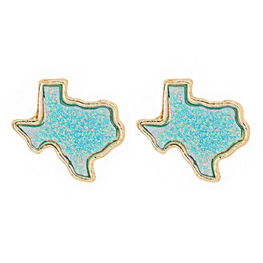 TEXAS MAP SHAPE DRUZY POST EARRINGS - GOLD / TURQUOISE
