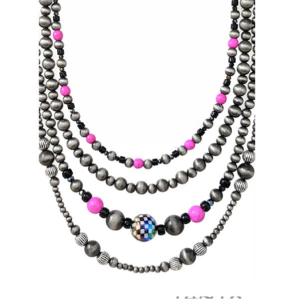 WESTERN MULTI LAYERED NECKLACE - SILVER / HOT PINK