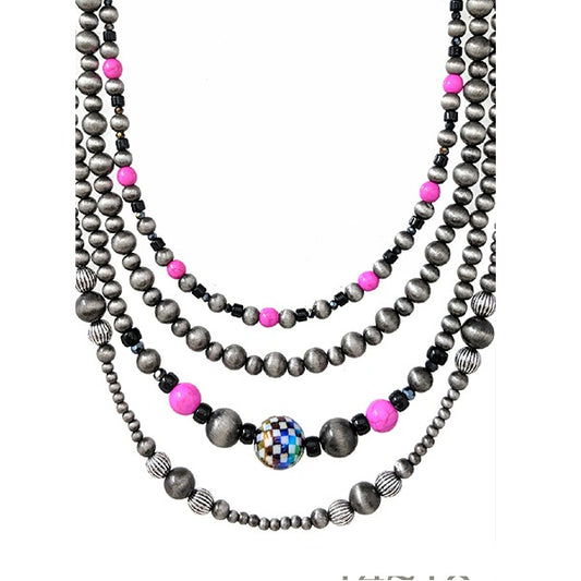 WESTERN MULTI LAYERED NECKLACE - SILVER / HOT PINK