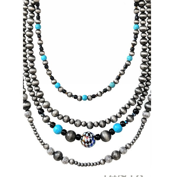 WESTERN MULTI LAYERED NECKLACE - SILVER / TURQUOISE
