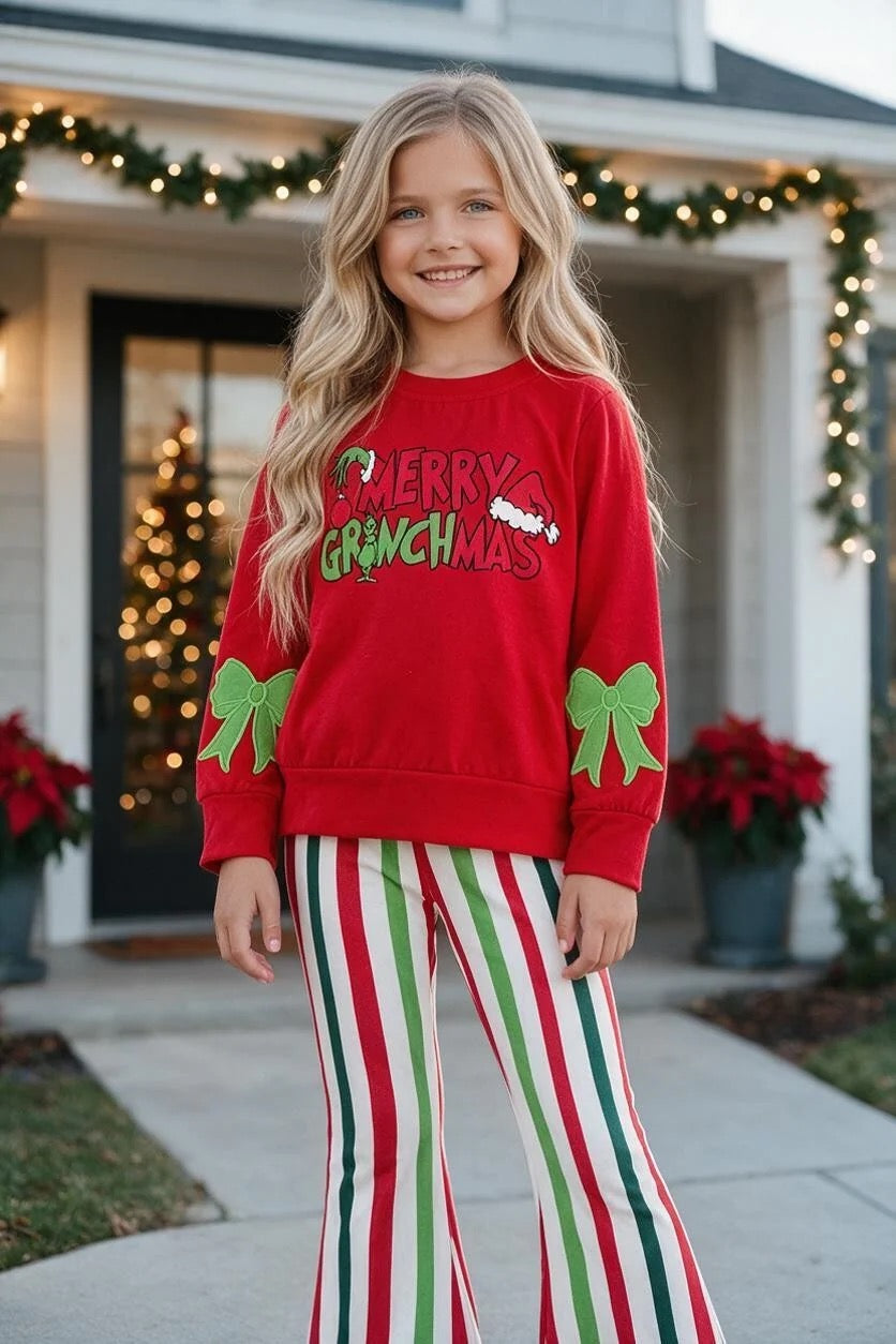 MERRY GRIN-MAS RED TOP AND MULTI-COLOR STRIPE PANTS