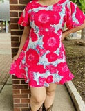 Fuchsia floral multi-color printed ruffle short sleeves/pocket