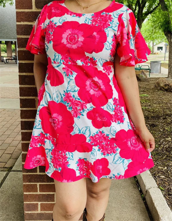 Fuchsia floral multi-color printed ruffle short sleeves/pocket