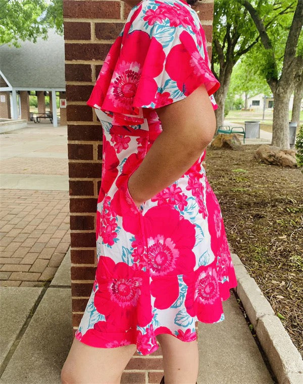 Fuchsia floral multi-color printed ruffle short sleeves/pocket