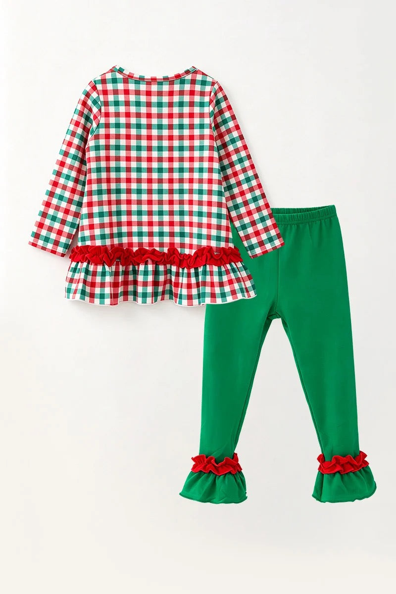 PLAID & REINDEER APPLIQUE TUNIC WITH RUFFLE HEM AND GREEN PANTS