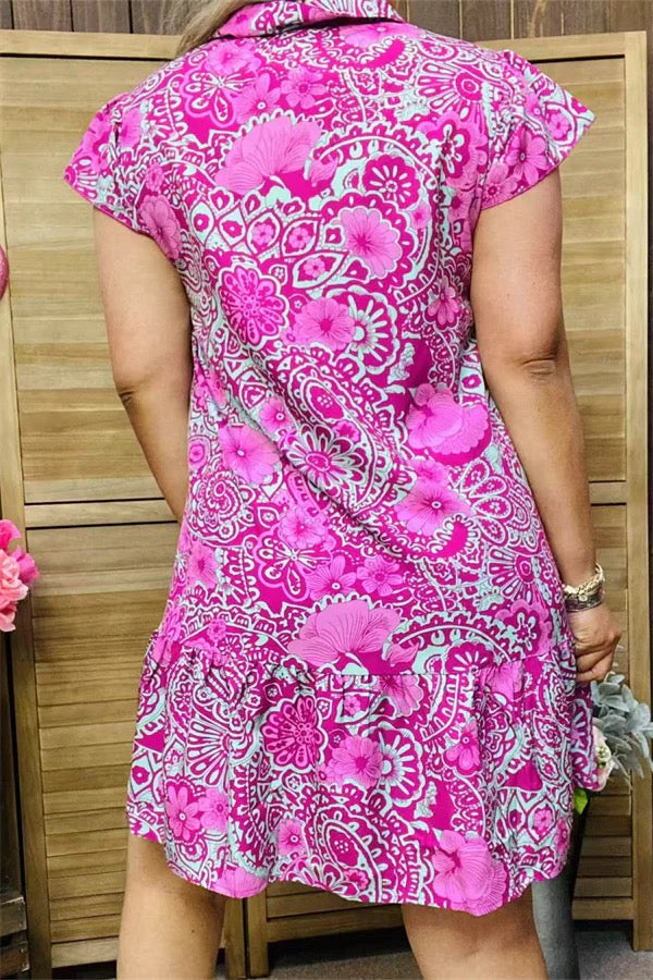 Paisley & floral printed short sleeve V-neck w/ruffle