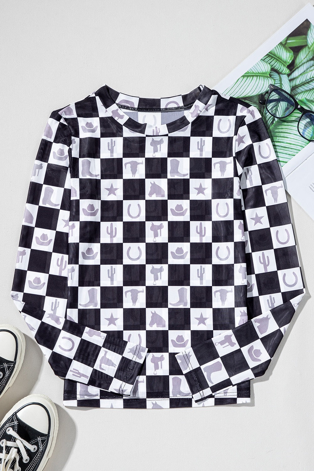 Black Checkerboard Mesh Slim Fit Long Sleeve Top