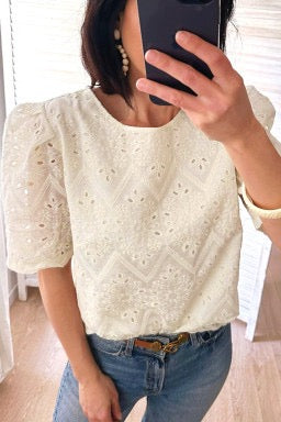 Beige Eyelet Embroidered Puff Sleeve Blouse