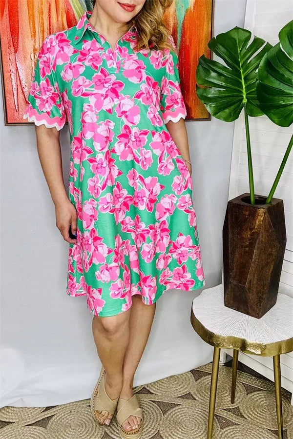 Floral printed short sleeve & lace trim w/side pockets