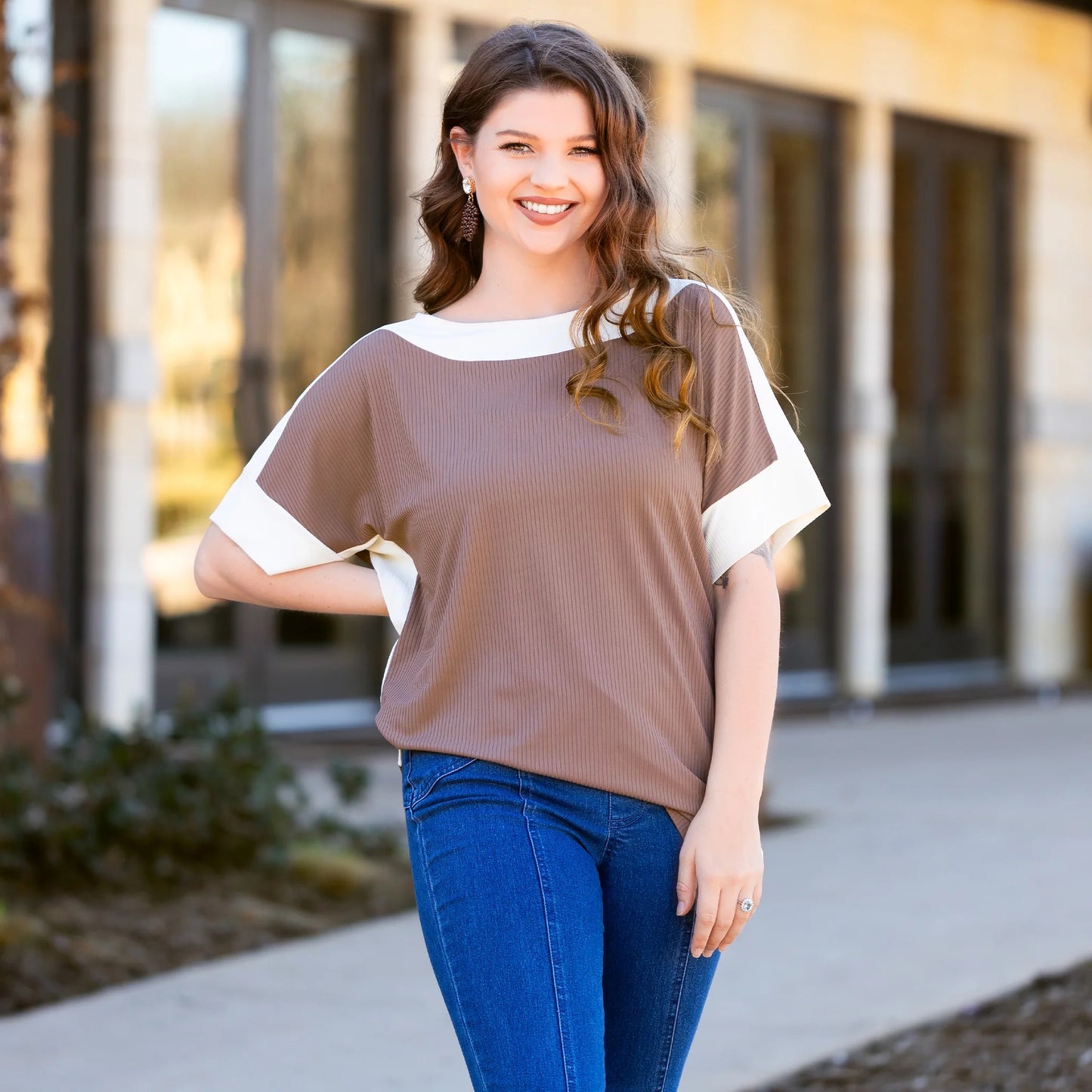Color Block Short Sleeve Top with Slits