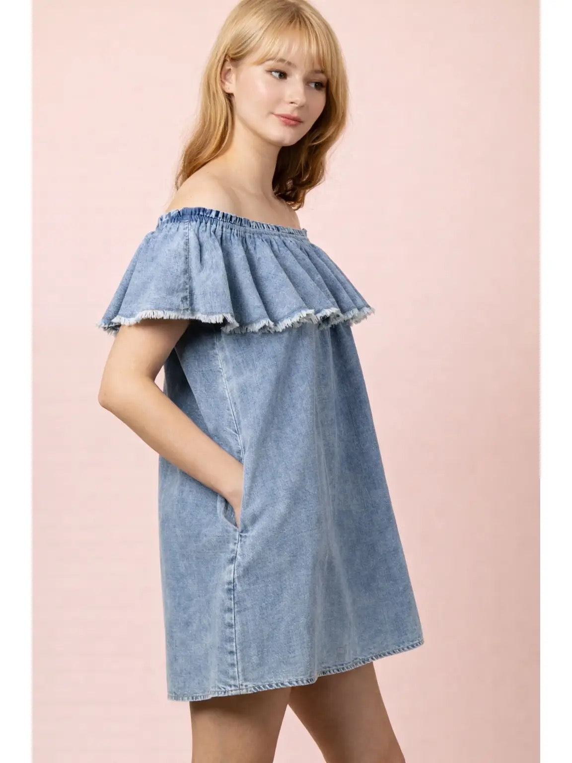 Off Shoulder Washed Chambray Mini Dress/ SHIRT