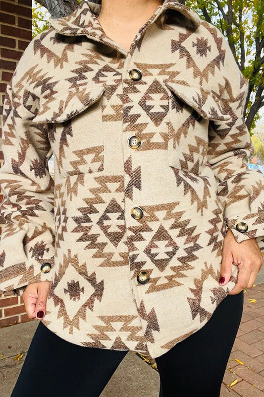 aztec long sleeve lady's shacket w/buttons and pockets