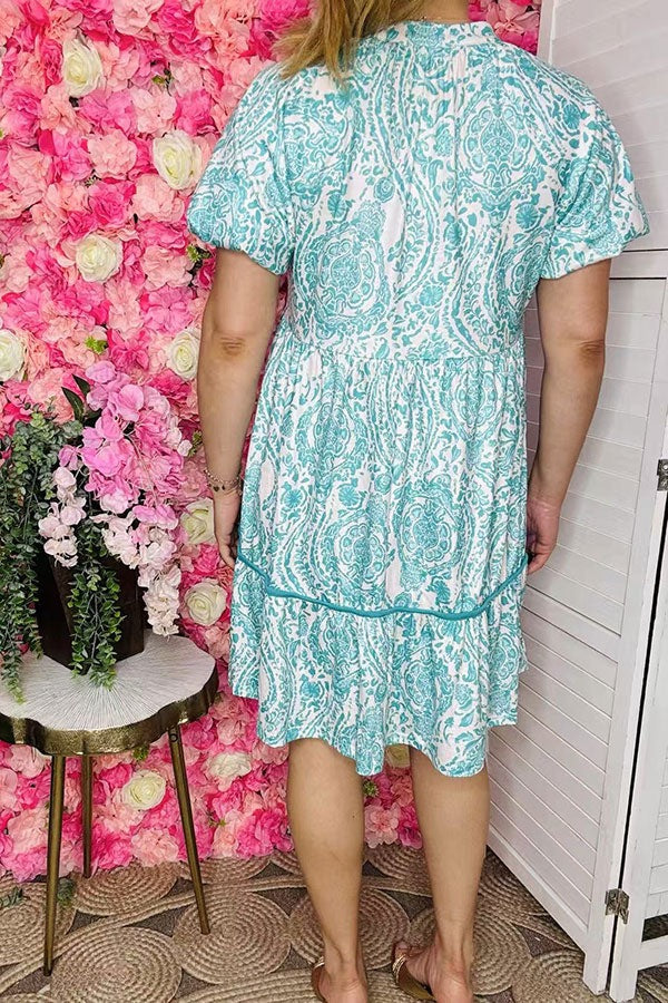 Women's button down turquoise paisley print dress & puff short sleeves