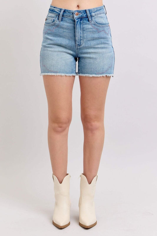 JUDY BLUE HIGH WAIST WESTERN EMBROIDERED CUTOFF SHORTS