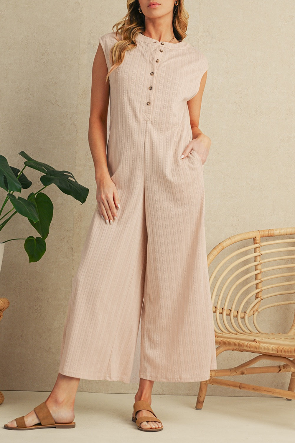 Smoke Gray Textured Buttoned Wide Leg Sleeveless Jumpsuit