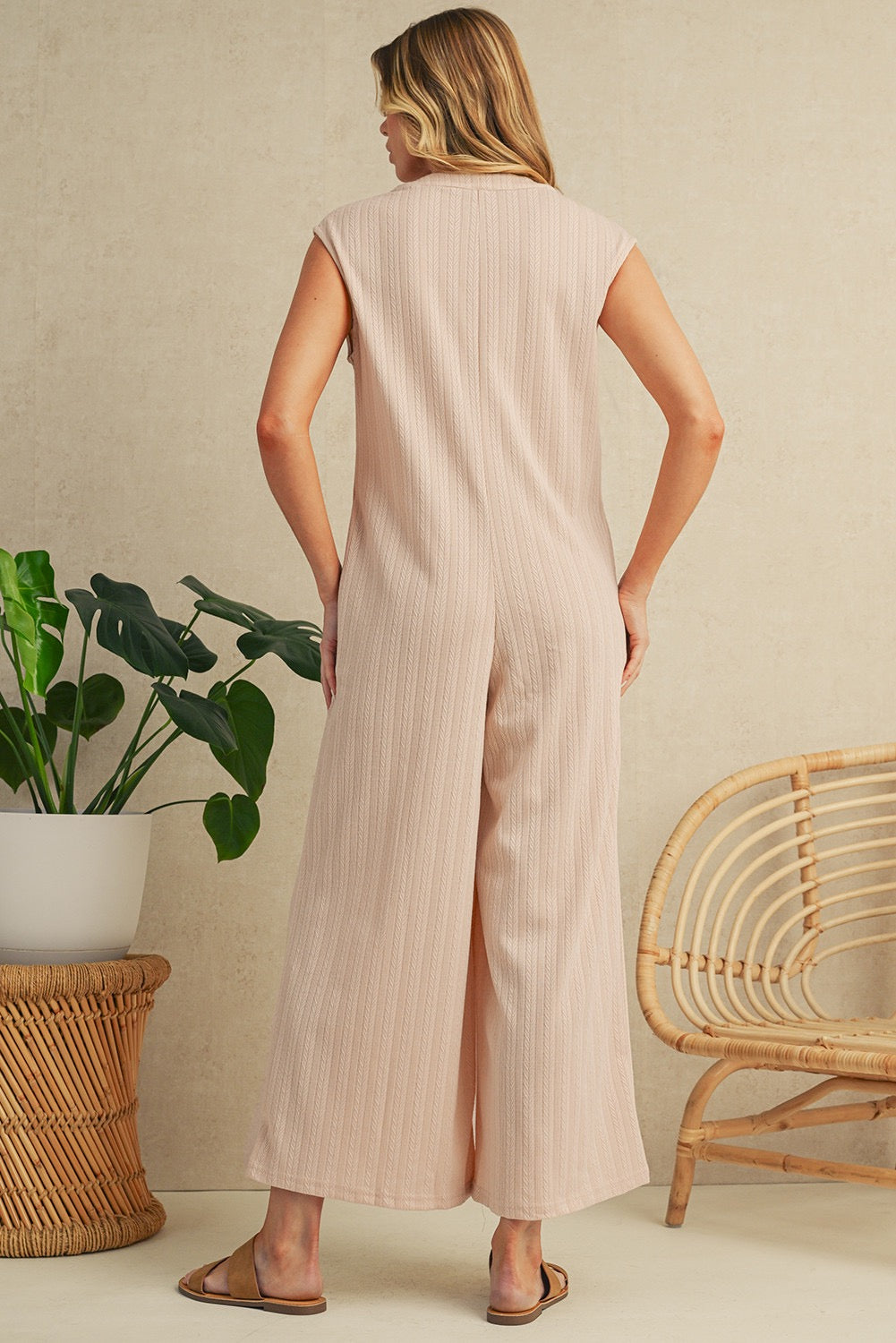 Smoke Gray Textured Buttoned Wide Leg Sleeveless Jumpsuit