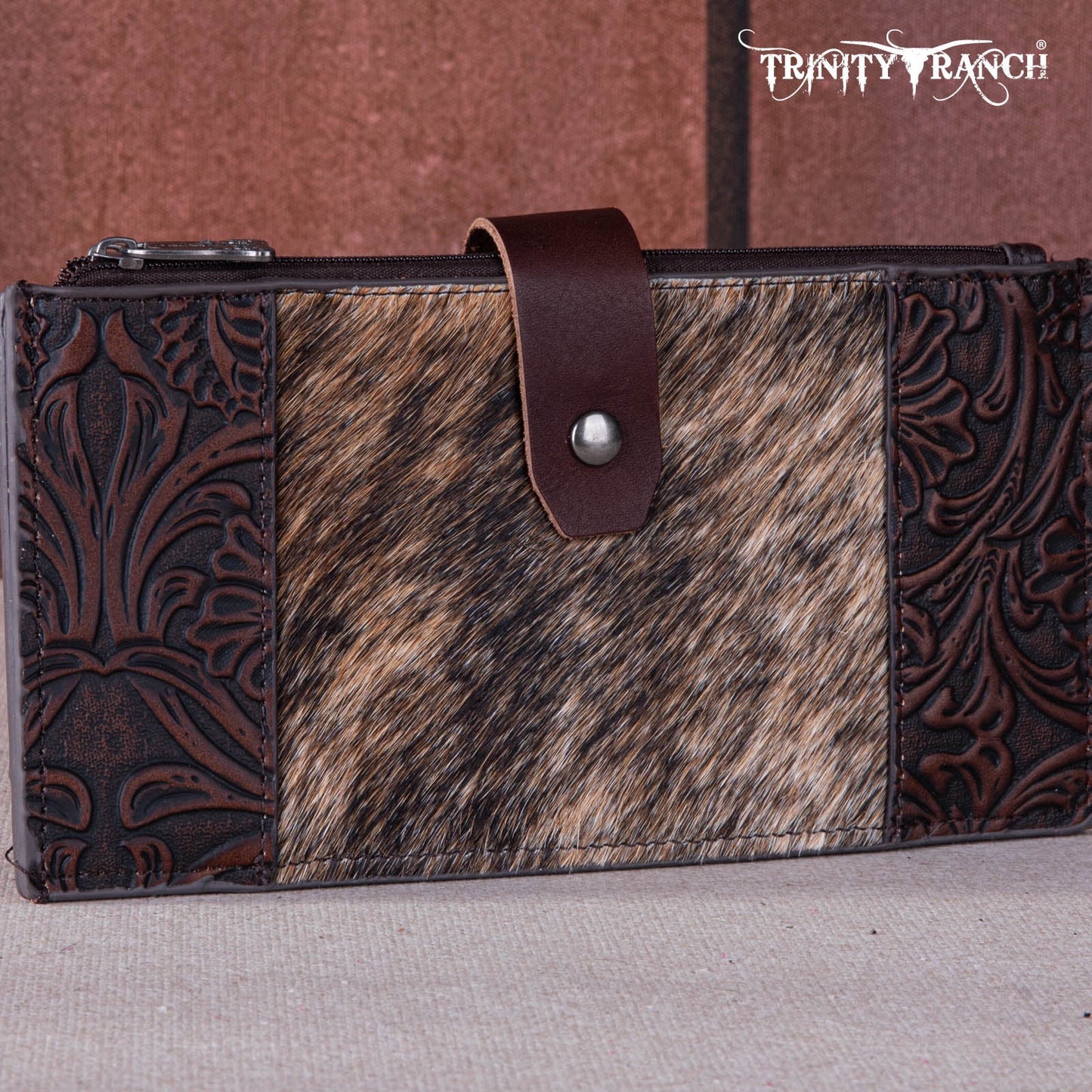 Trinity Ranch Genuine Hair-On Cowhide Tooled Bi-Fold Wallet/Card Organizer