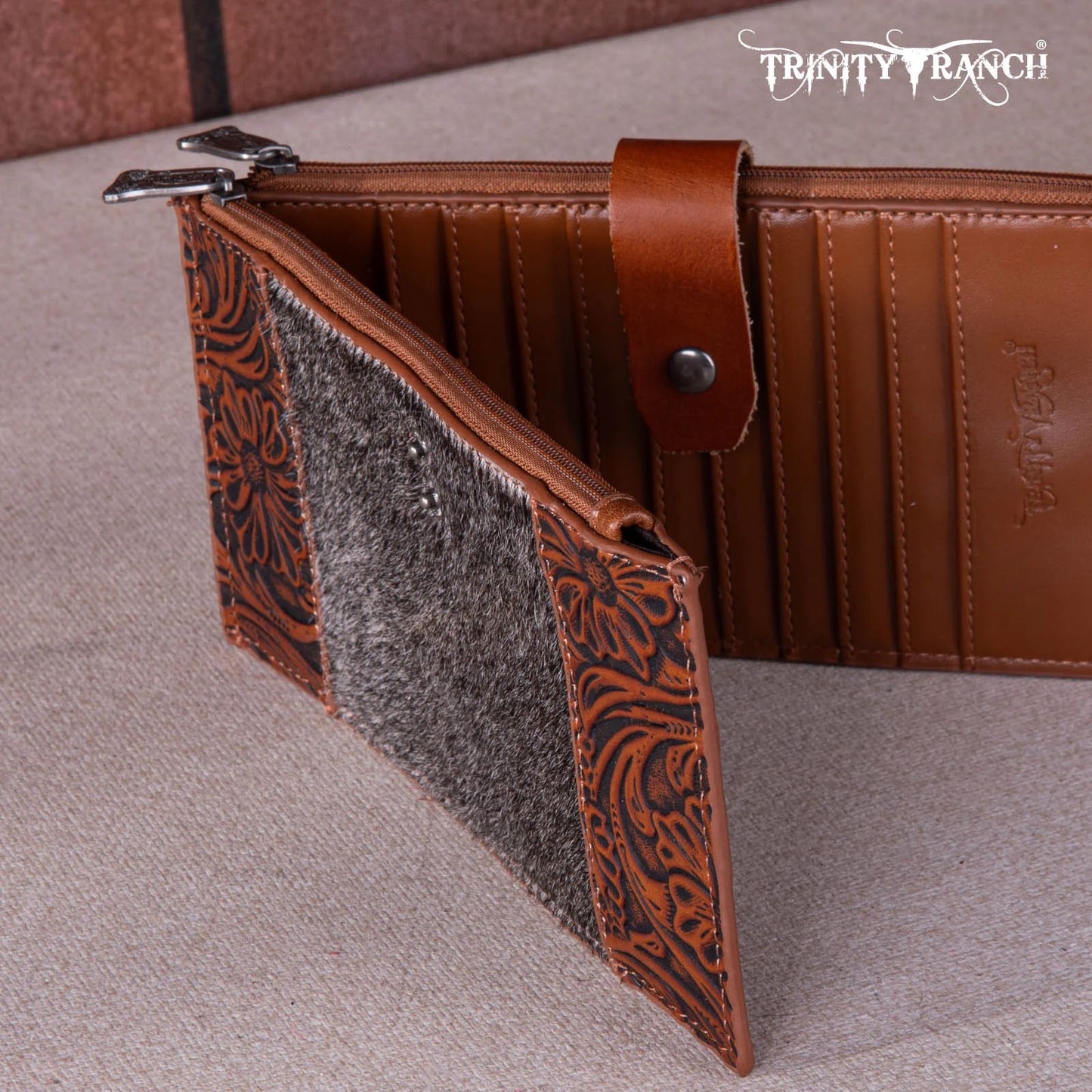 Trinity Ranch Genuine Hair-On Cowhide Tooled Bi-Fold Wallet/Card Organizer