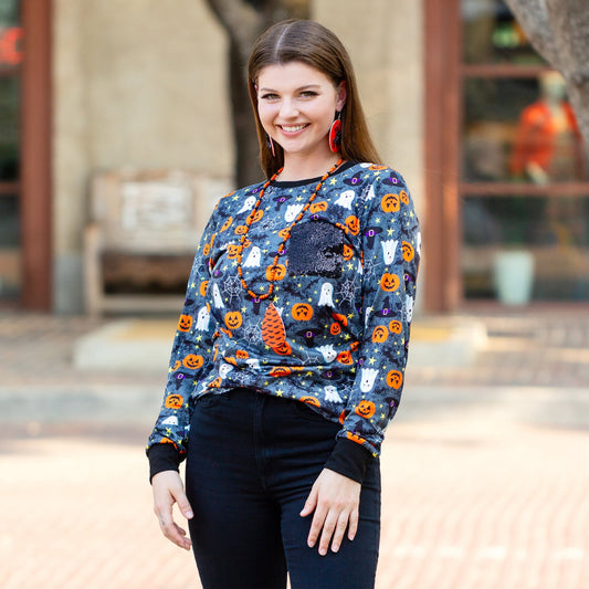 Halloween Long Sleeve Top with Sequin Pocket