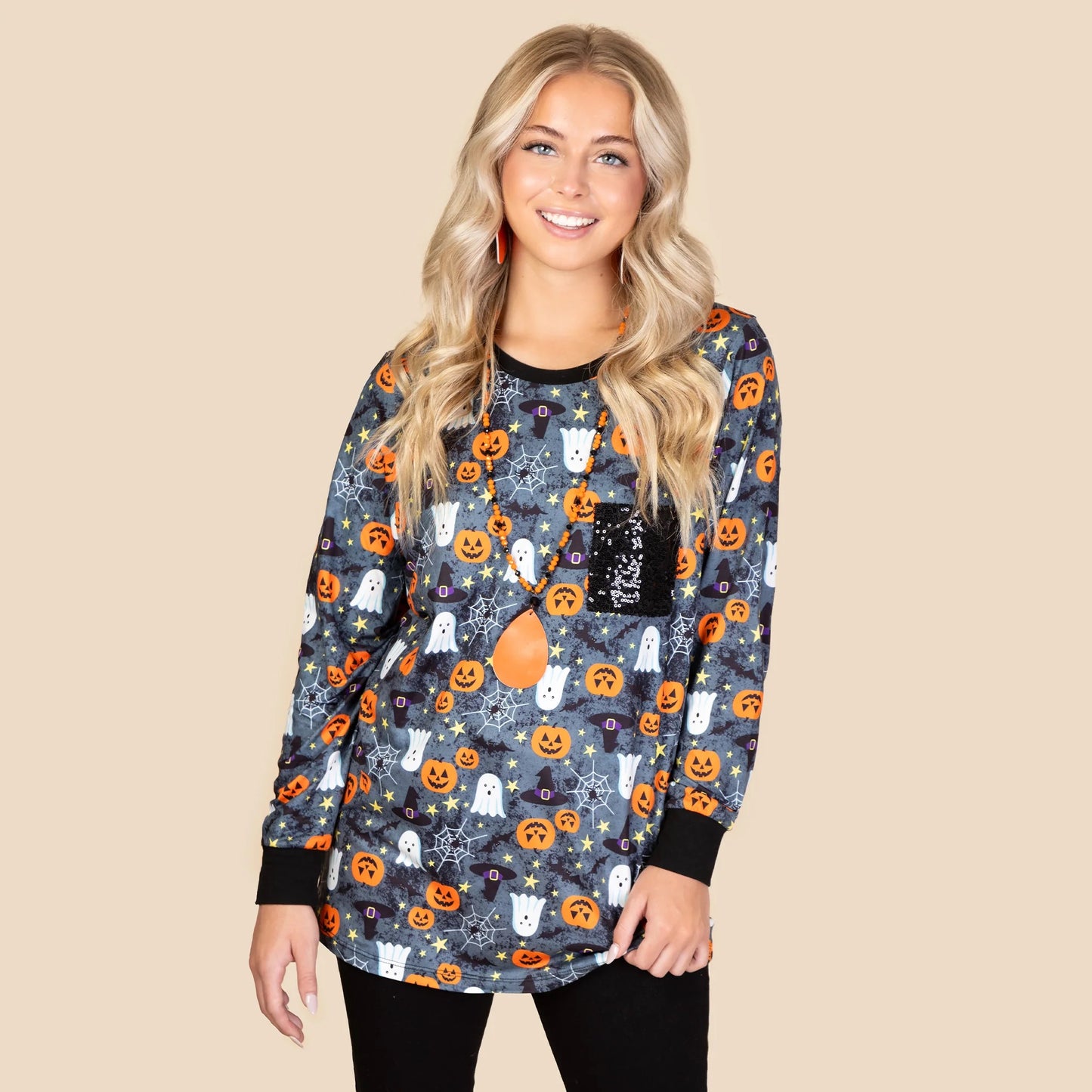 Halloween Long Sleeve Top with Sequin Pocket