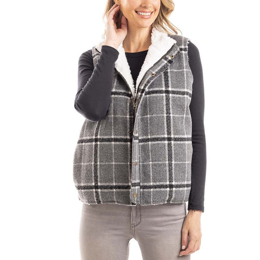 NEUTRAL PLAID FLEECE LINED VEST