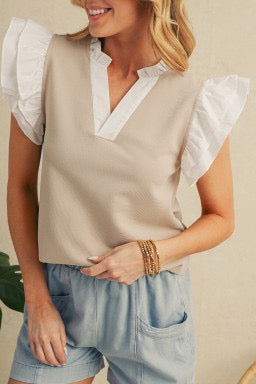 Pale Khaki Frill V Neck Ruffle Textured Top