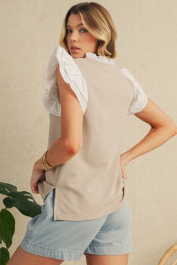 Pale Khaki Frill V Neck Ruffle Textured Top