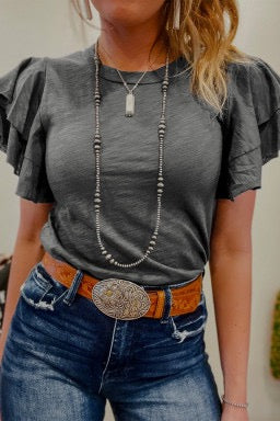 Dark Grey Ruffle Sleeve Plain Blouse