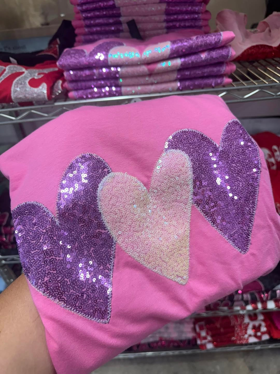 EMBROIDERED SEQUIN HEARTS T-SHIRT