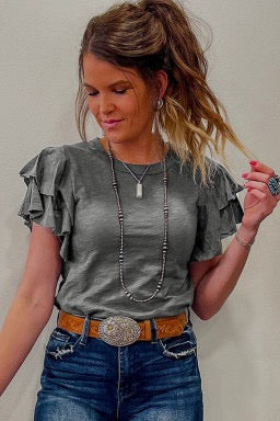 Dark Grey Ruffle Sleeve Plain Blouse