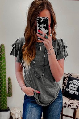 Dark Grey Ruffle Sleeve Plain Blouse