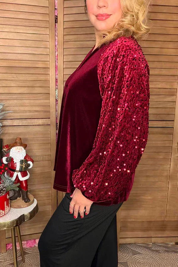 Burgundy fleece sequin long sleeves women blouse with buttons