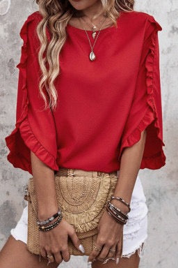 Fiery Red Frill Trim Plain Tulip Sleeve Blouse