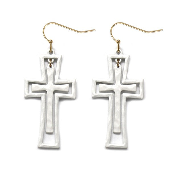 COLOR COATED DOUBLE LAYER CROSS EARRINGS