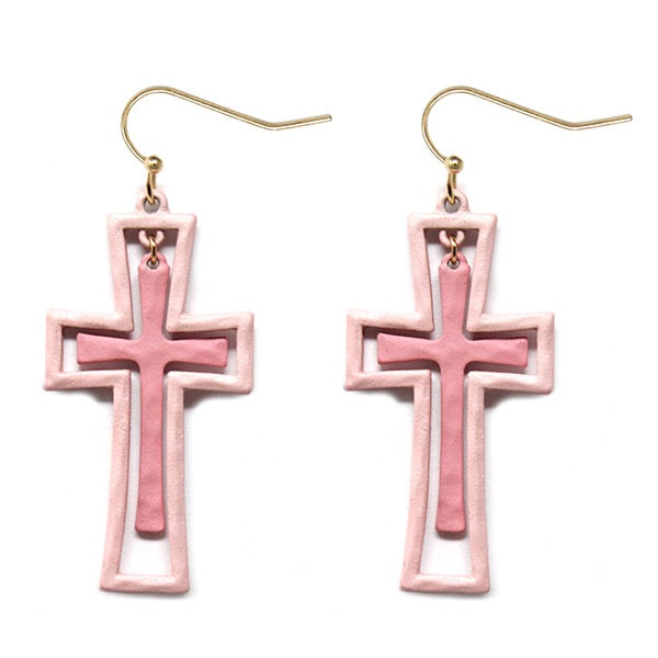 COLOR COATED DOUBLE LAYER CROSS EARRINGS