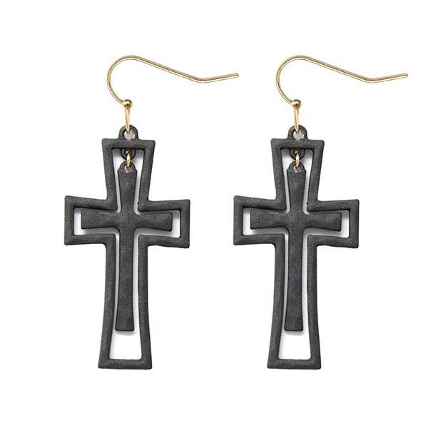 COLOR COATED DOUBLE LAYER CROSS EARRINGS