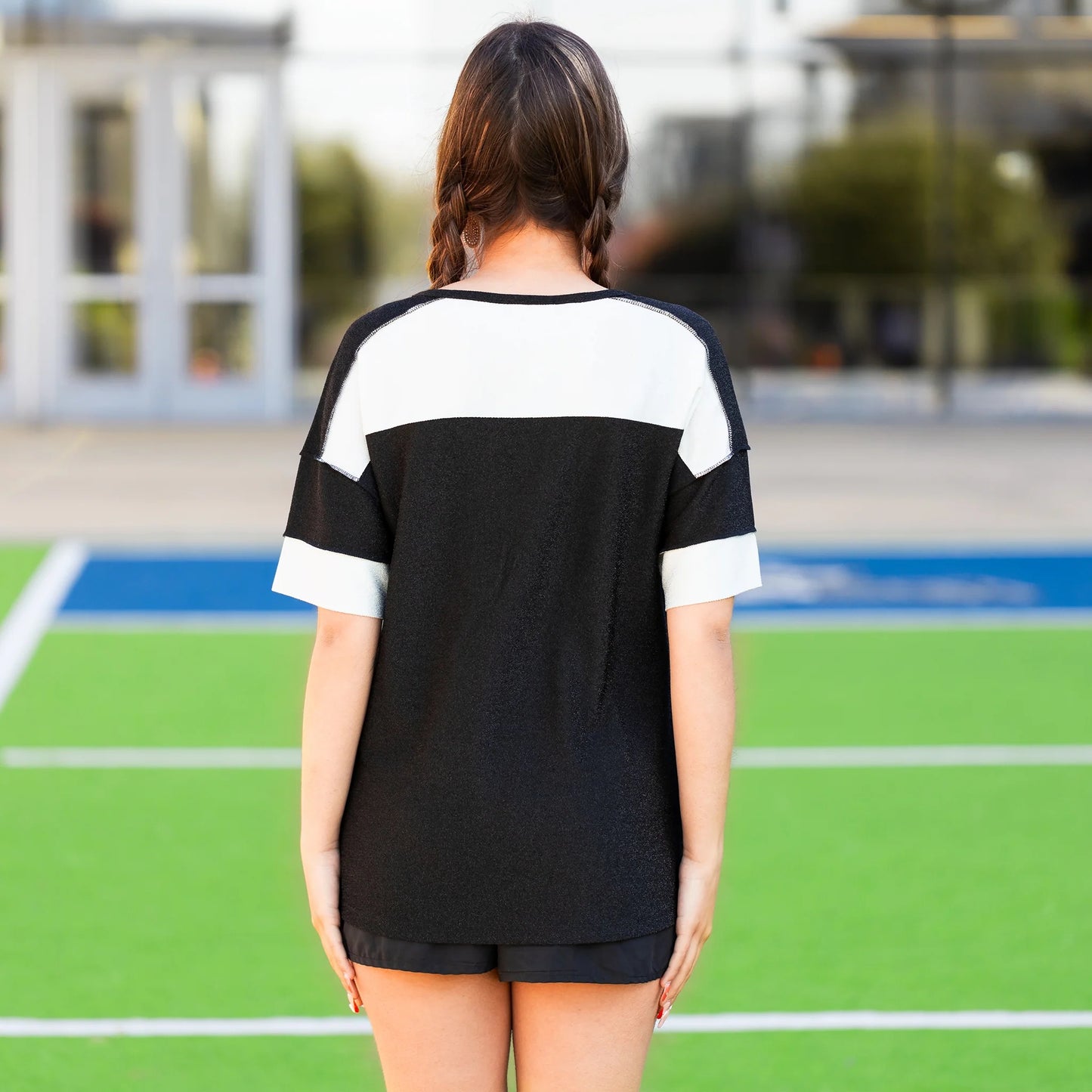 Game Day Shimmery Top with Accent Buttons
