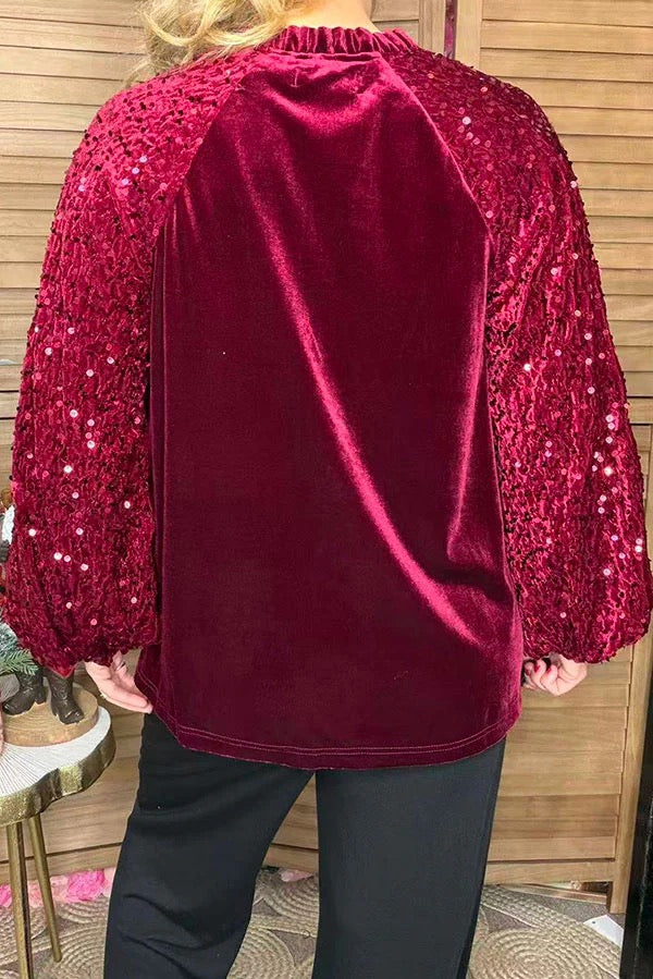 Burgundy fleece sequin long sleeves women blouse with buttons