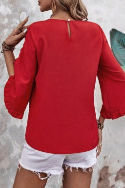 Fiery Red Frill Trim Plain Tulip Sleeve Blouse