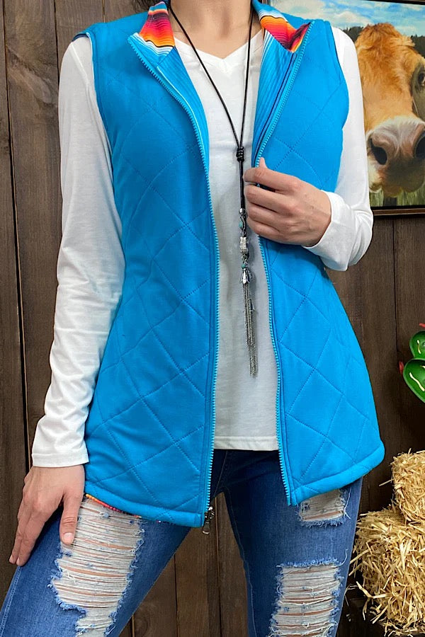 Serape/turquoise reversible zipper vest w pockets