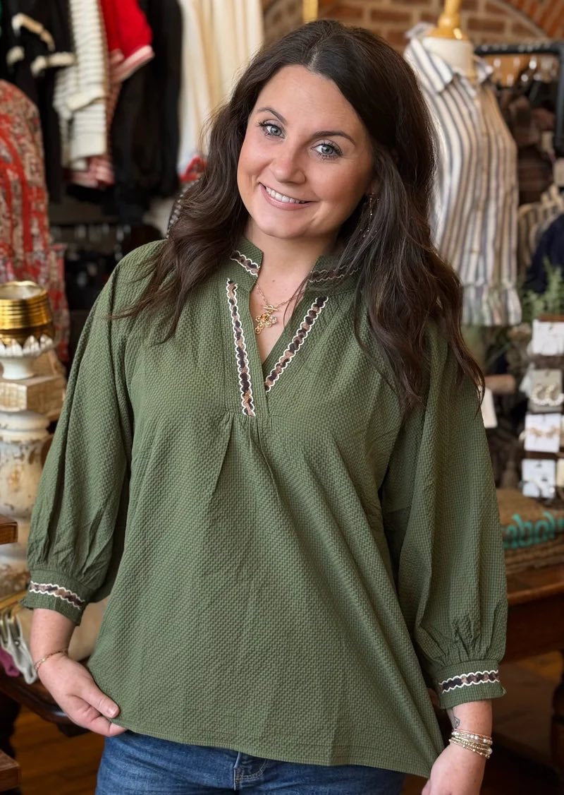 Puff Sleeves V Neck Collared Top