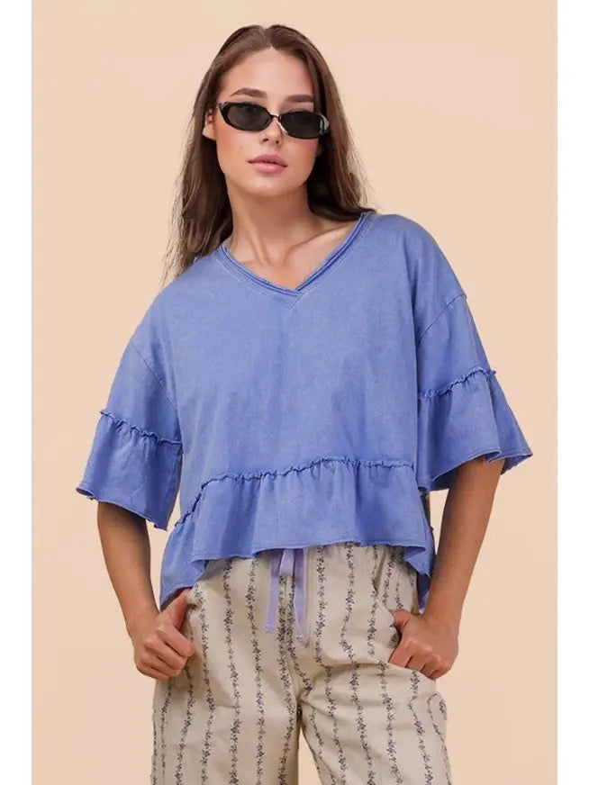 Mineral Washed Ruffle Detail Knit Top