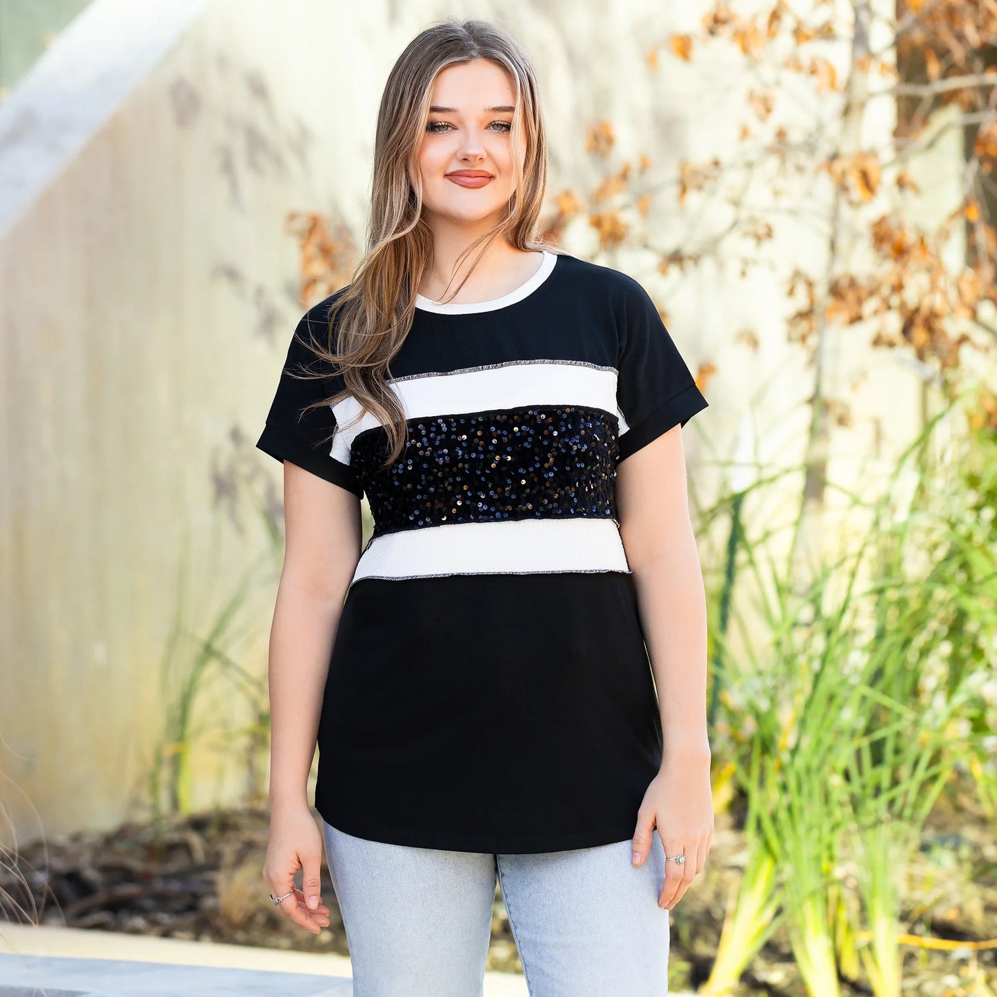 Striped Sequin Half Sleeve Top