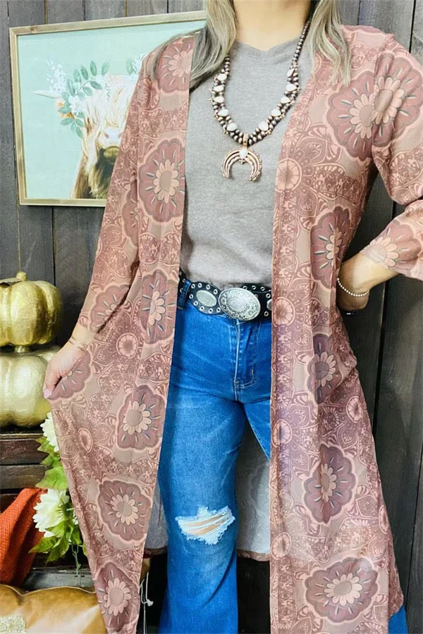 Tan floral printed 3/4 sleeve women cardigan